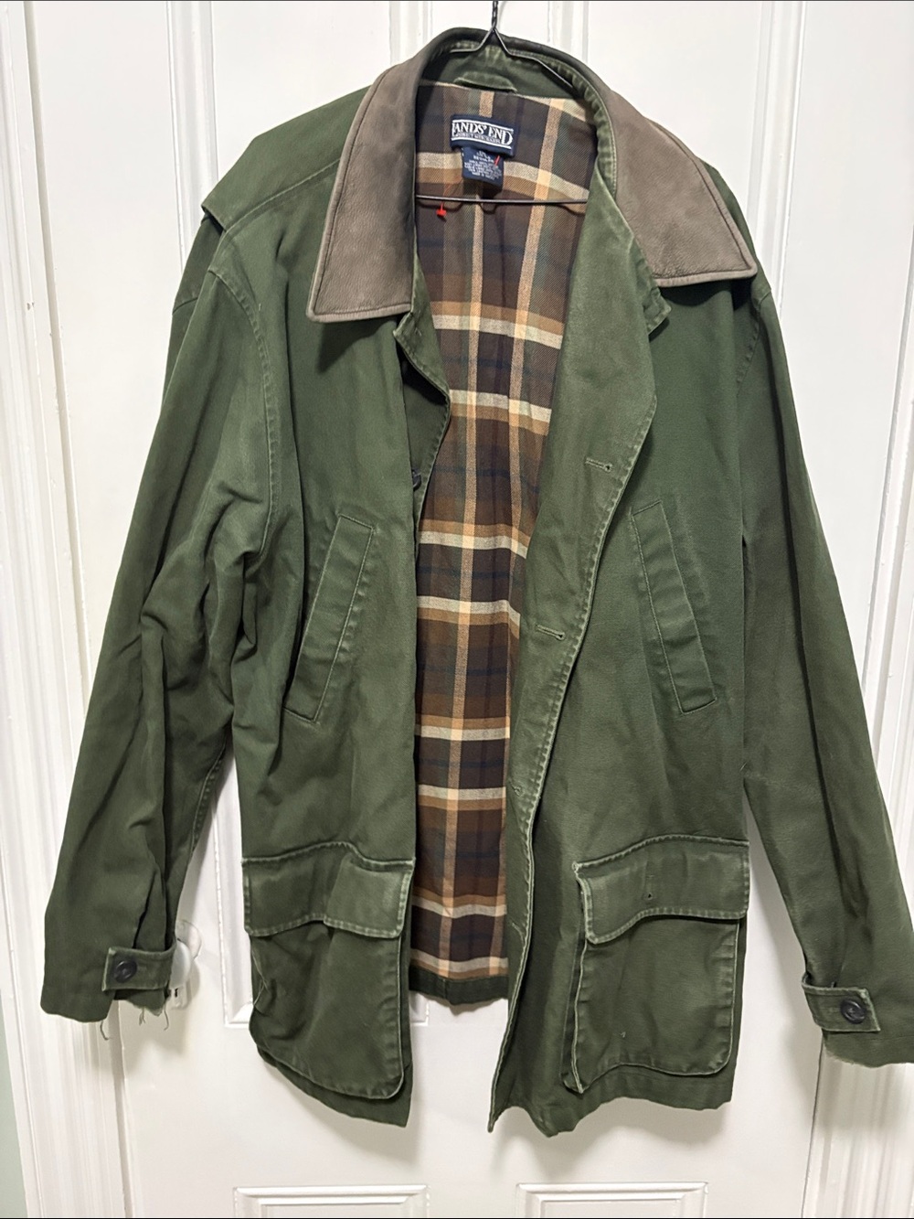 Lands' End Men's Olive Green Field Jacket with Tan Contrast Collar